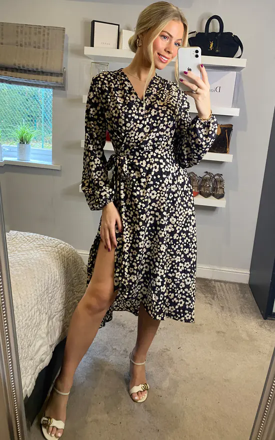 Floral Print Long Sleeve Midi Wrap Dress In Black And White 4 Floral Print Long Sleeve Midi Wrap Dress In Black And White - Image 2