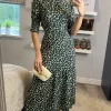 High Neck Green Animal Print With 3/4 Smock Sleeve Tiered Dress