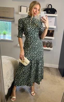 High Neck Green Animal Print With 3/4 Smock Sleeve Tiered Dress