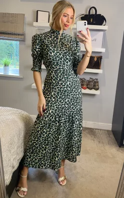 High Neck Green Animal Print With 3/4 Smock Sleeve Tiered Dress -UK Skirt Sales 2023 2021 11 16 Sasha Danna53