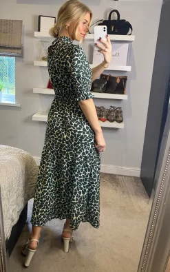 High Neck Green Animal Print With 3/4 Smock Sleeve Tiered Dress -UK Skirt Sales 2023 2021 11 16 Sasha Danna55