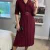 Pleated Skirt Midi Shirt Dress In Burgundy