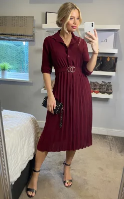 Pleated Skirt Midi Shirt Dress In Burgundy -UK Skirt Sales 2023 2021 12 06 Sasha Mela22