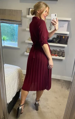 Pleated Skirt Midi Shirt Dress In Burgundy -UK Skirt Sales 2023 2021 12 06 Sasha Mela25
