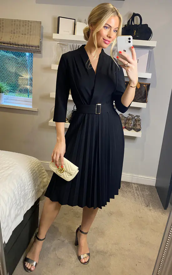 Long Sleeve Pleated Midi Wrap Dress With Belt In Black 4 Long Sleeve Pleated Midi Wrap Dress With Belt In Black - Image 2