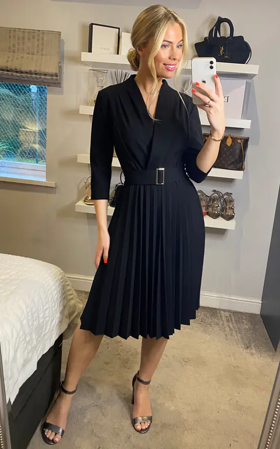 Long Sleeve Pleated Midi Wrap Dress With Belt In Black 3 Long Sleeve Pleated Midi Wrap Dress With Belt In Black