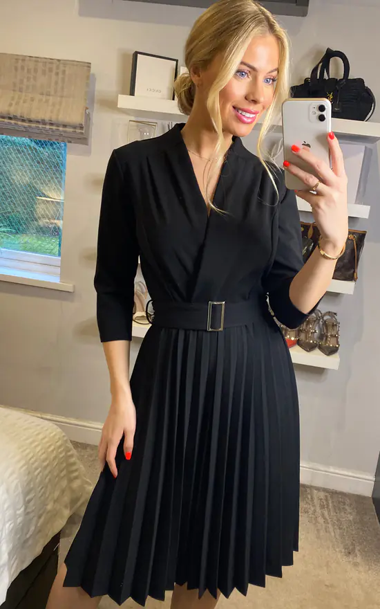 Long Sleeve Pleated Midi Wrap Dress With Belt In Black 5 Long Sleeve Pleated Midi Wrap Dress With Belt In Black - Image 3
