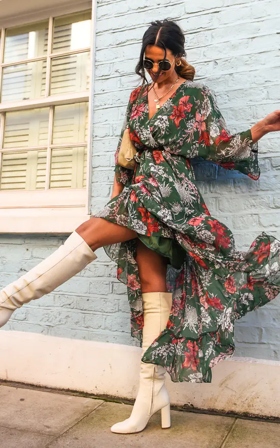 Kimono Sleeve Floral Maxi Wrap Dress In Green 4 Kimono Sleeve Floral Maxi Wrap Dress In Green - Image 2