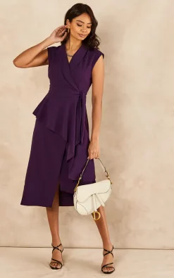 Wrapover Midi Peplum Frill Dress Purple