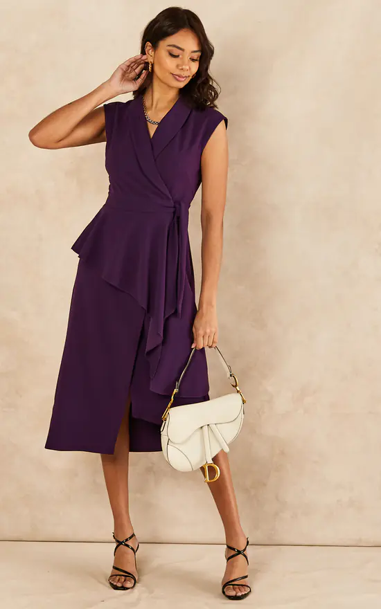 Wrapover Midi Peplum Frill Dress Purple 3 Wrapover Midi Peplum Frill Dress Purple
