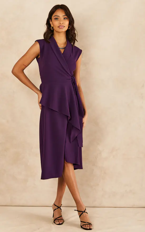 Wrapover Midi Peplum Frill Dress Purple 4 Wrapover Midi Peplum Frill Dress Purple - Image 2