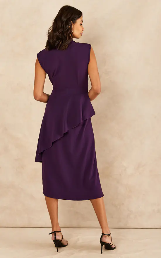 Wrapover Midi Peplum Frill Dress Purple 6 Wrapover Midi Peplum Frill Dress Purple - Image 4