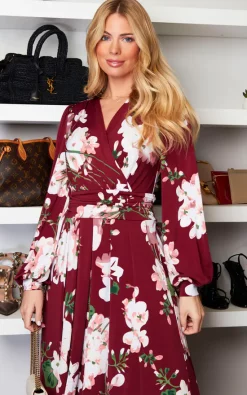 Jolie Moi Kamille Floral Long Sleeve Dress, Dark Red -UK Skirt Sales 2023 2022 01 24 Sasha JolieMoi63