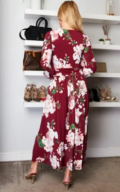 Jolie Moi Kamille Floral Long Sleeve Dress, Dark Red -UK Skirt Sales 2023 2022 01 24 Sasha JolieMoi66