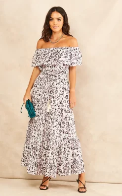 Liquorish Pink Animal Print Off Shoulder Maxi Dress In White