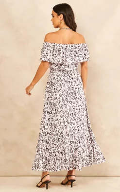 Liquorish Pink Animal Print Off Shoulder Maxi Dress In White -UK Skirt Sales 2023 2022 01 27 SF TOM Mollie Liquorish31415