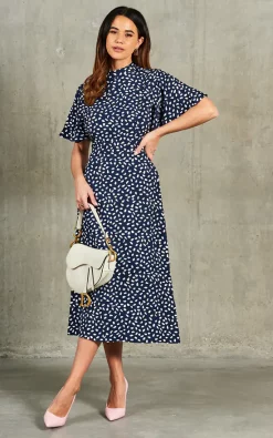Courtney High Neck Angel Sleeve Midi Dress In Navy/White