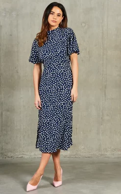 Courtney High Neck Angel Sleeve Midi Dress In Navy/White -UK Skirt Sales 2023 2022 01 28 SF TOM Naomi BlueVanilla35408