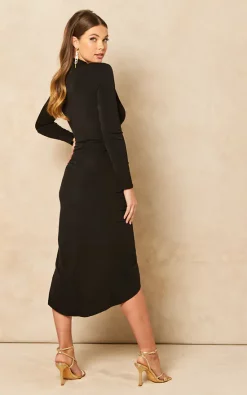 Wrap Midi Long Sleeve Dress In Black -UK Skirt Sales 2023 2022 02 02 JEN Tia Jenerique37401