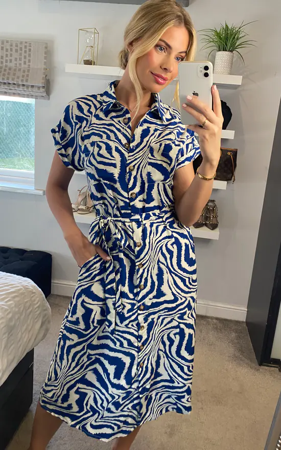 Yumi Zebra Print Shirt Dress In Blue 4 Yumi Zebra Print Shirt Dress In Blue - Image 2