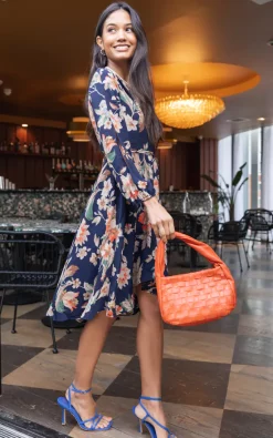 Split Sleeve Floral Wrap Dress In Navy