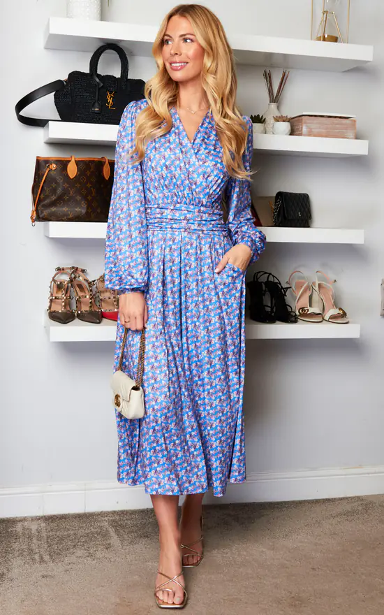 Jolie Moi Libby Long Sleeve Midi Dress, Blue Floral 4 Jolie Moi Libby Long Sleeve Midi Dress, Blue Floral - Image 2