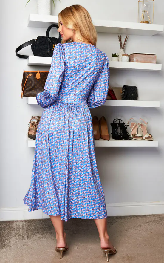 Jolie Moi Libby Long Sleeve Midi Dress, Blue Floral 6 Jolie Moi Libby Long Sleeve Midi Dress, Blue Floral - Image 4