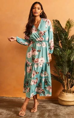 V Neck Floral Long Sleeve Dress In Green
