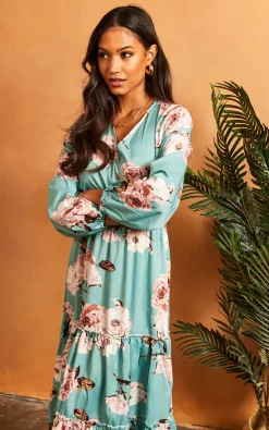 V Neck Floral Long Sleeve Dress In Green -UK Skirt Sales 2023 2022 02 22 SF TOM Julia bella blue0112