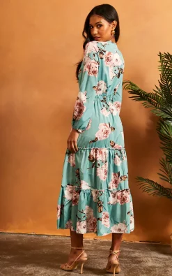 V Neck Floral Long Sleeve Dress In Green -UK Skirt Sales 2023 2022 02 22 SF TOM Julia bella blue0121