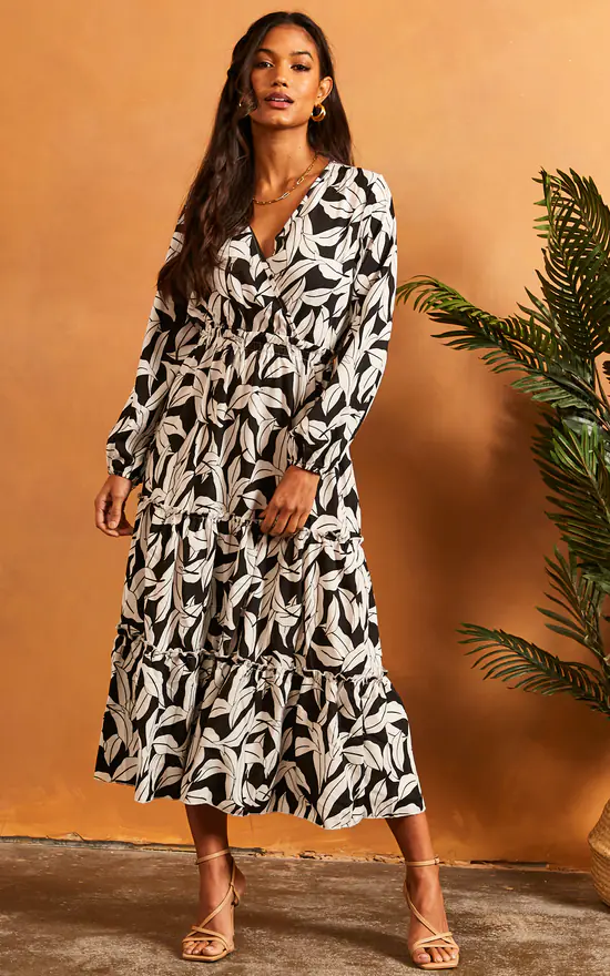 Long Sleeve V Neck Leaf Print Dress In Black And White 5 Long Sleeve V Neck Leaf Print Dress In Black And White - Image 3