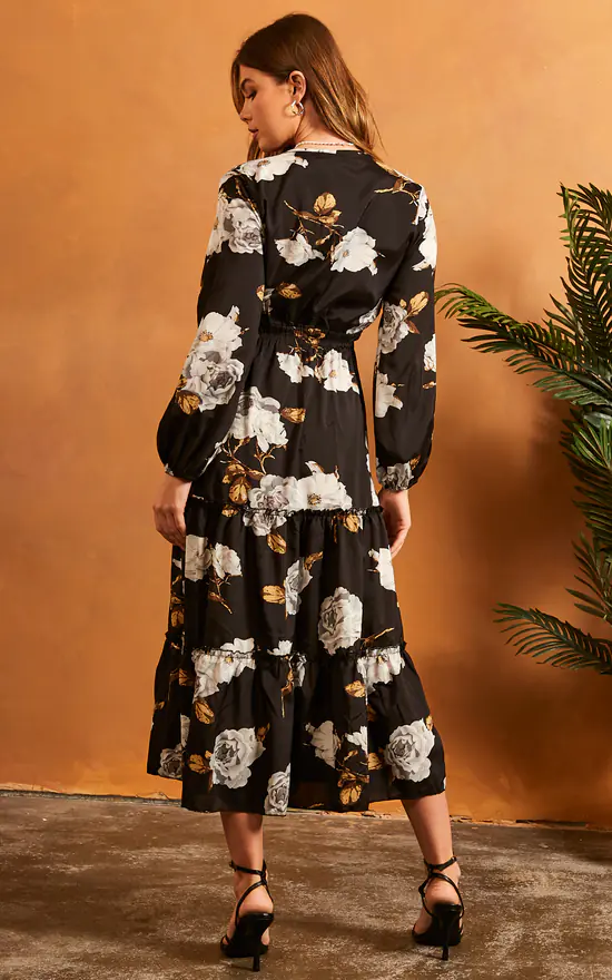 V Neck Floral Long Sleeve Maxi Dress In Black 6 V Neck Floral Long Sleeve Maxi Dress In Black - Image 4