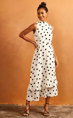 Ruffle Hem High Neck Sleeveless Dress In White Polka Dot