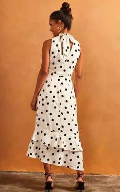 Ruffle Hem High Neck Sleeveless Dress In White Polka Dot -UK Skirt Sales 2023 2022 03 01 TOM Julia Bella Blue6331