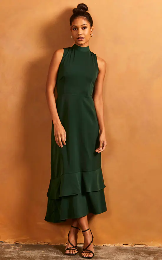 Ruffle Hem High Neck Sleeveless Dress In Green 4 Ruffle Hem High Neck Sleeveless Dress In Green - Image 2