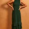 Ruffle Hem High Neck Sleeveless Dress In Green