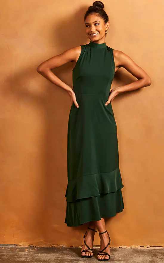 Ruffle Hem High Neck Sleeveless Dress In Green 3 Ruffle Hem High Neck Sleeveless Dress In Green