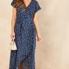 Sarta Polka Dot Midi Wrap Dress Short Sleeve Waist Tie In Navy Blue & White -UK Skirt Sales 2023 2022 03 09 Jen Naomi Sarta10364