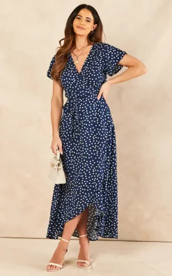 Sarta Polka Dot Midi Wrap Dress Short Sleeve Waist Tie In Navy Blue & White -UK Skirt Sales 2023 2022 03 09 Jen Naomi Sarta10366