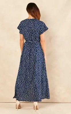 Sarta Polka Dot Midi Wrap Dress Short Sleeve Waist Tie In Navy Blue & White -UK Skirt Sales 2023 2022 03 09 Jen Naomi Sarta10380