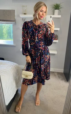 Allyn Bow Neck Long Sleeve Dress, Navy Abstract