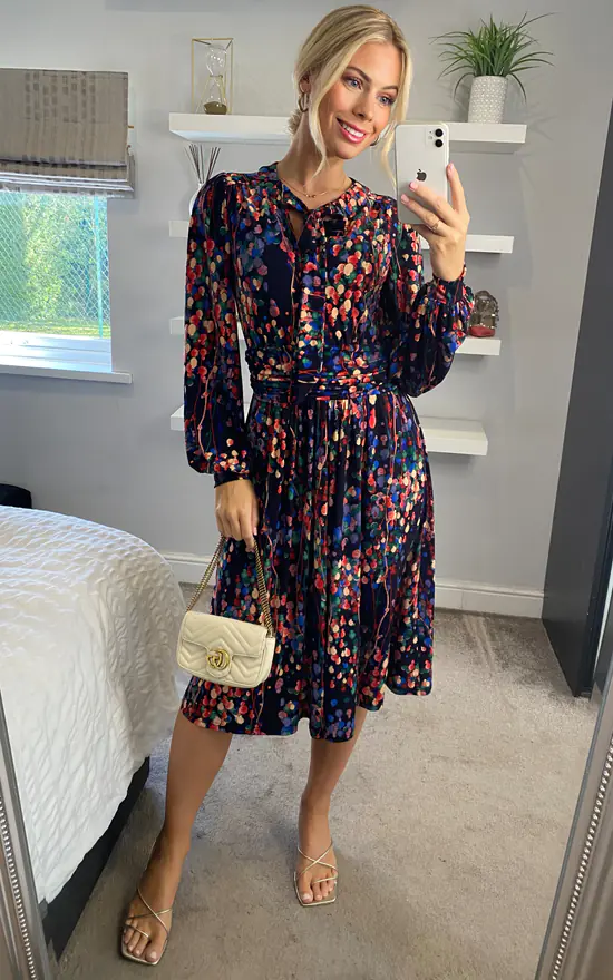 Allyn Bow Neck Long Sleeve Dress, Navy Abstract 5 Allyn Bow Neck Long Sleeve Dress, Navy Abstract - Image 3