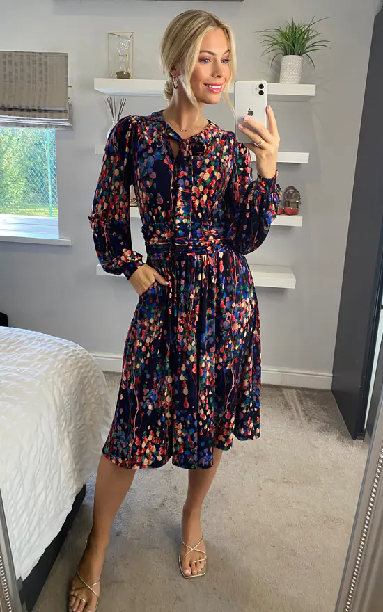 Allyn Bow Neck Long Sleeve Dress, Navy Abstract 4 Allyn Bow Neck Long Sleeve Dress, Navy Abstract - Image 2