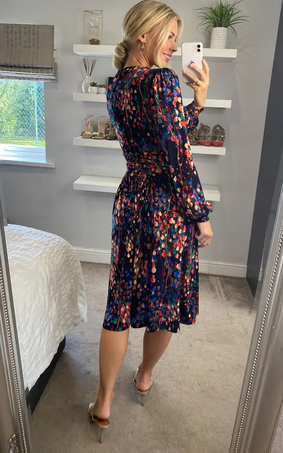 Allyn Bow Neck Long Sleeve Dress, Navy Abstract 6 Allyn Bow Neck Long Sleeve Dress, Navy Abstract - Image 4