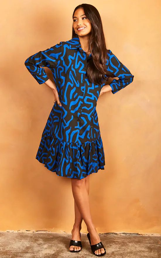 Geometric Print Midi Shirt Dress In Blue 4 Geometric Print Midi Shirt Dress In Blue - Image 2