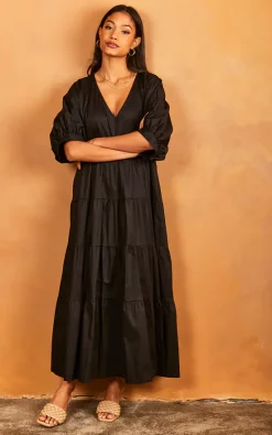 Tiered Maxi Smock Dress Black