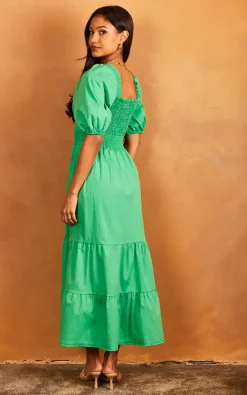 Bella Midi Shirred Smock Dress With Balloon Sleeves Green -UK Skirt Sales 2023 2022 03 31 Jen Julia OST23963