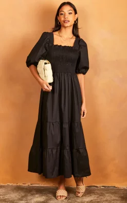 Bella Midi Shirred Dress With Balloon Sleeves Black -UK Skirt Sales 2023 2022 03 31 Jen Julia OST23982