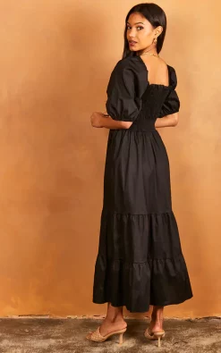 Bella Midi Shirred Dress With Balloon Sleeves Black -UK Skirt Sales 2023 2022 03 31 Jen Julia OST23996