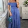 Floral Pattern Off Shoulder Bardot Midi Dress In Blue